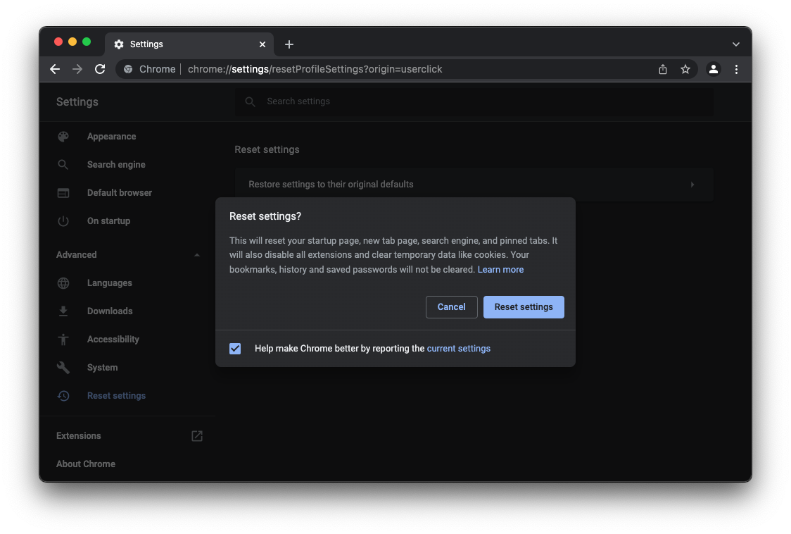 Reset Chrome settings Reset Chrome settings