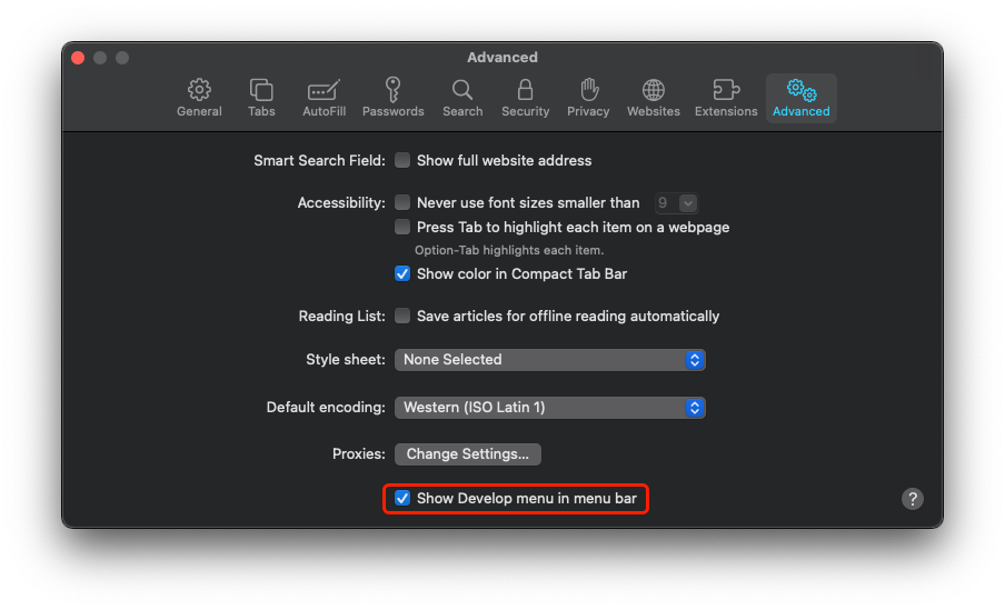 Show Develop menu Show Develop menu
