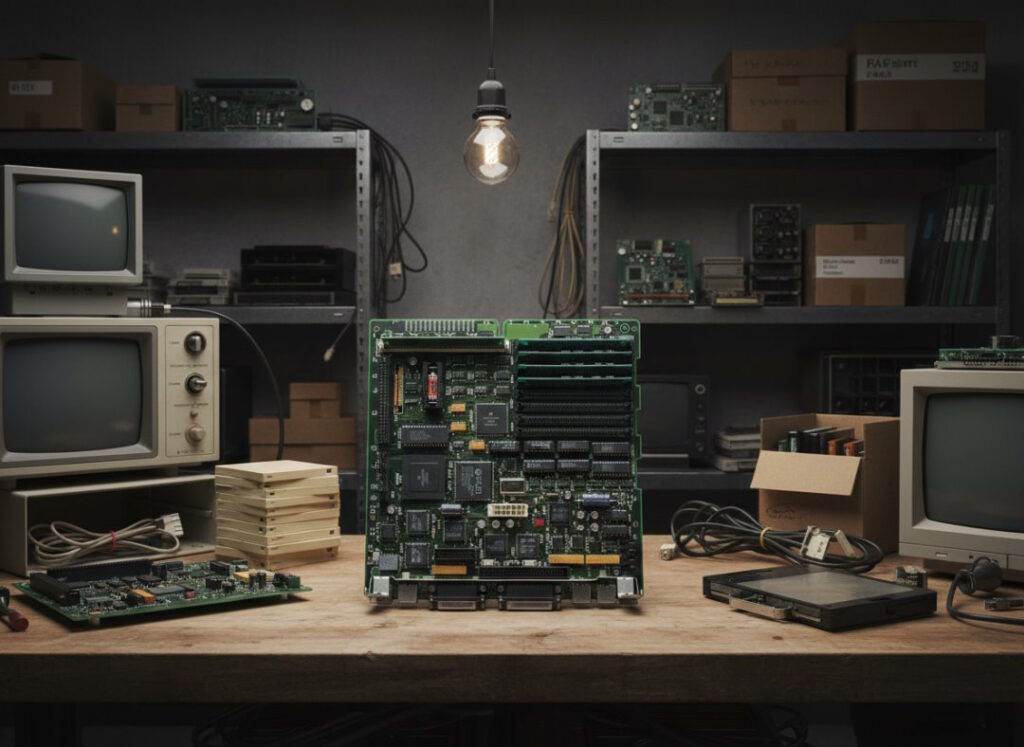 Internal components of the Macintosh SE/30, showing its logic board and CRT assembly